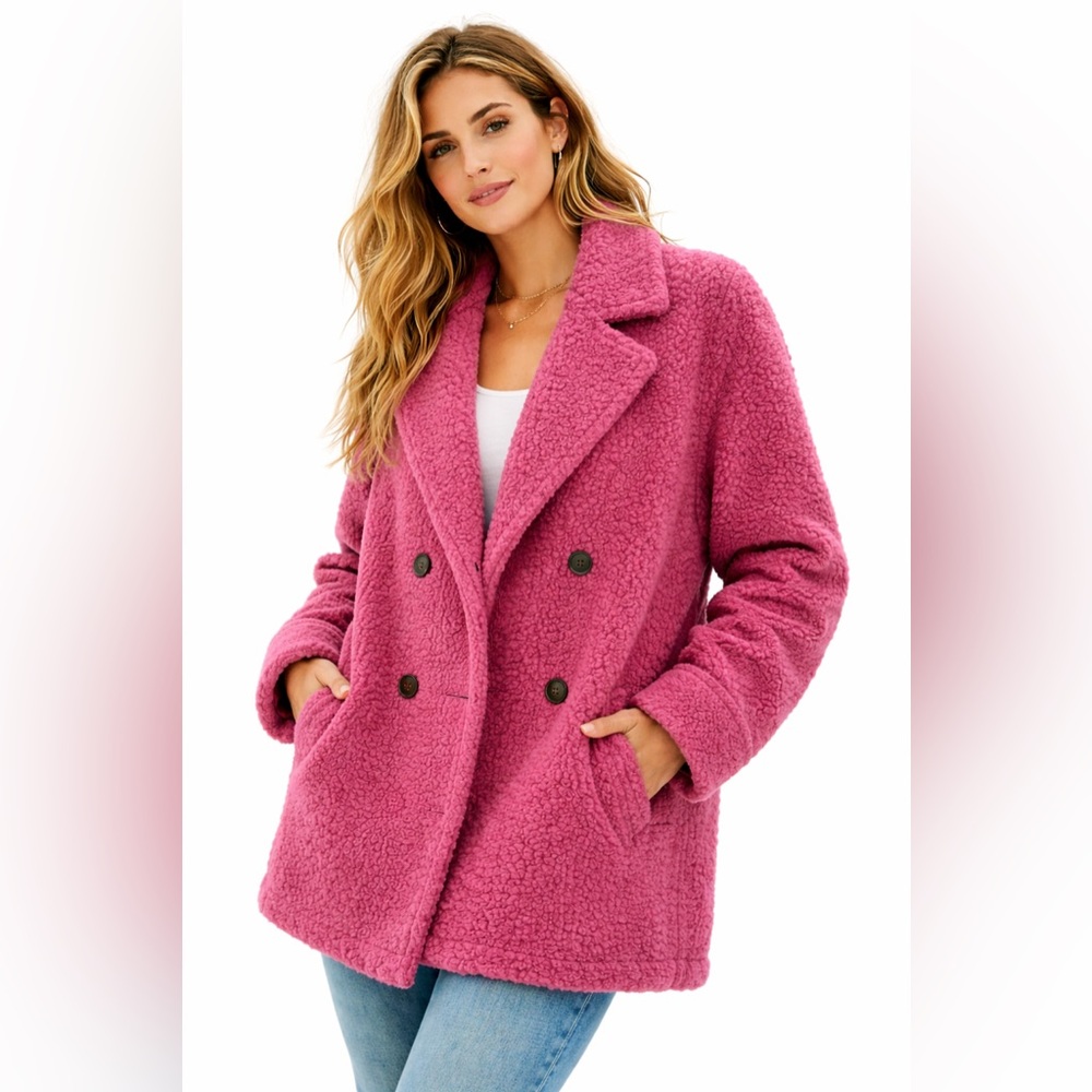 Cozy Co. Alexandria Fleece Teddy Pea Coat Hot Pink Jacket